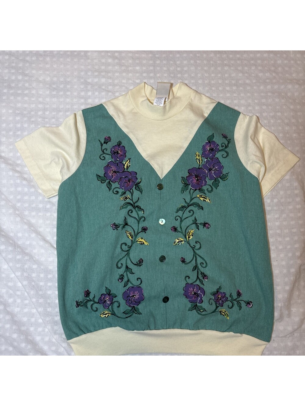 Haband Vintage Women’s Med Top With Faux Vest Purple Teal Grandma Core Granny
